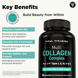 Vital Vitamins Multi Collagen Peptides Complex for Women & Men, 150 Pills | Supports Skin, Hair & Nails, 5 Collagen Types I II III V & X, Grass-Fed Non-GMO Collagen Supplements