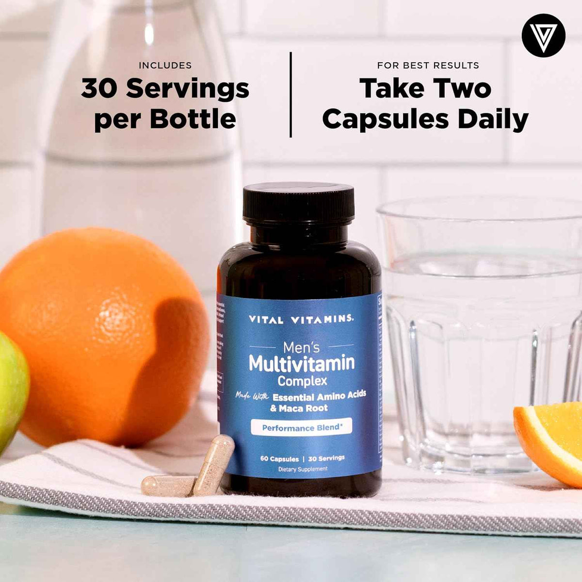 Vital Vitamins Men's Multivitamin Complex for Vitality & Performance | Complete Multivitamins with Essential Amino Blend, Maca Root, Saw Palmetto & Panax Ginseng, 60 Capsules