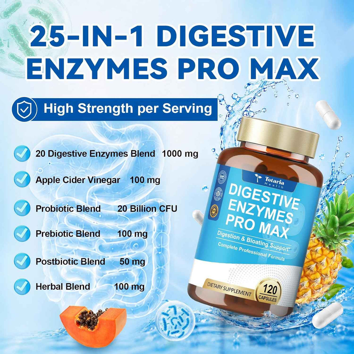 Digestive Enzymes Pro Max 1000mg, 25-in-1 with Apple Cider Vinegar, Probiotics, Prebiotics, Postbiotics, Bromelain, Papain, Lactase, Gentian, Artichoke, Ginger for Digestion, Bloating & Gut, 120 Caps