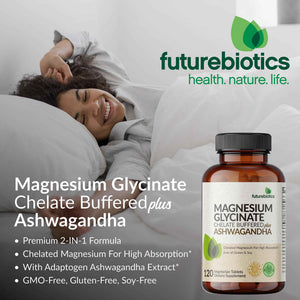 Futurebiotics Magnesium Glycinate + Ashwagandha, 60 Tablets | 2-in-1 Stress & Mood Support, High Absorption, Gentle On The Stomach, Non-GMO, Gluten Free, Soy Free
