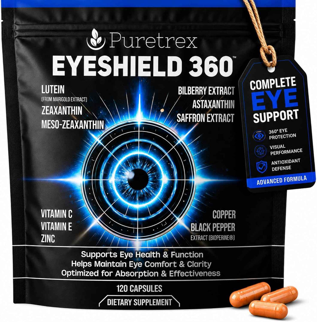 EyeShield 360 Eye Supplements for Adults Over 50, 120 Vegan Capsules with Lutein Zeaxanthin Astaxanthin Bilberry Saffron, Vision Supplement, Eye Support Formula with BioPerine, Made in UK