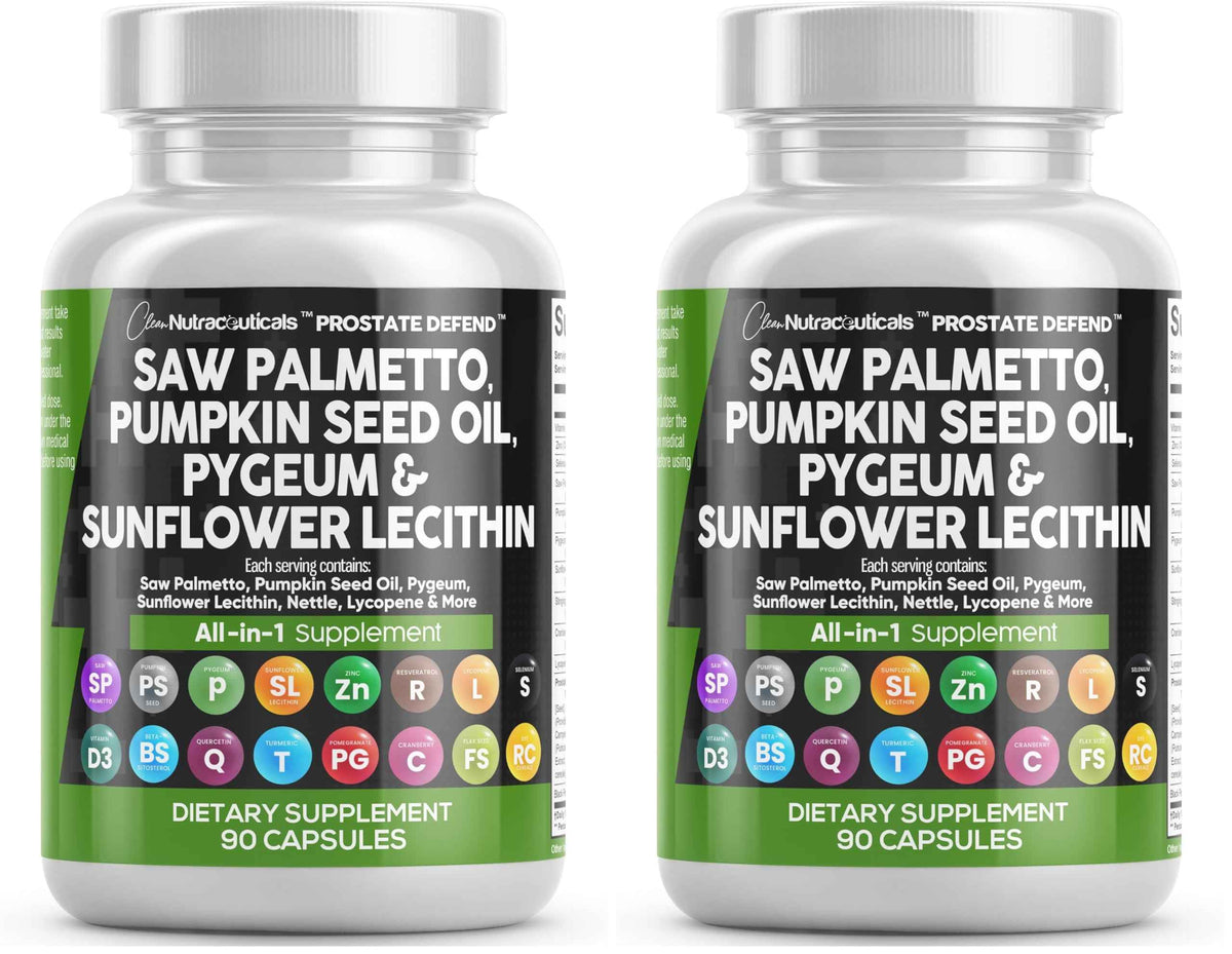 Clean Nutraceuticals Saw Palmetto Pumpkin Seed Oil Pygeum Sunflower Lecithin Stinging Nettle Cranberry - Prostate Supplements for Men with Lycopene - 90 Caps