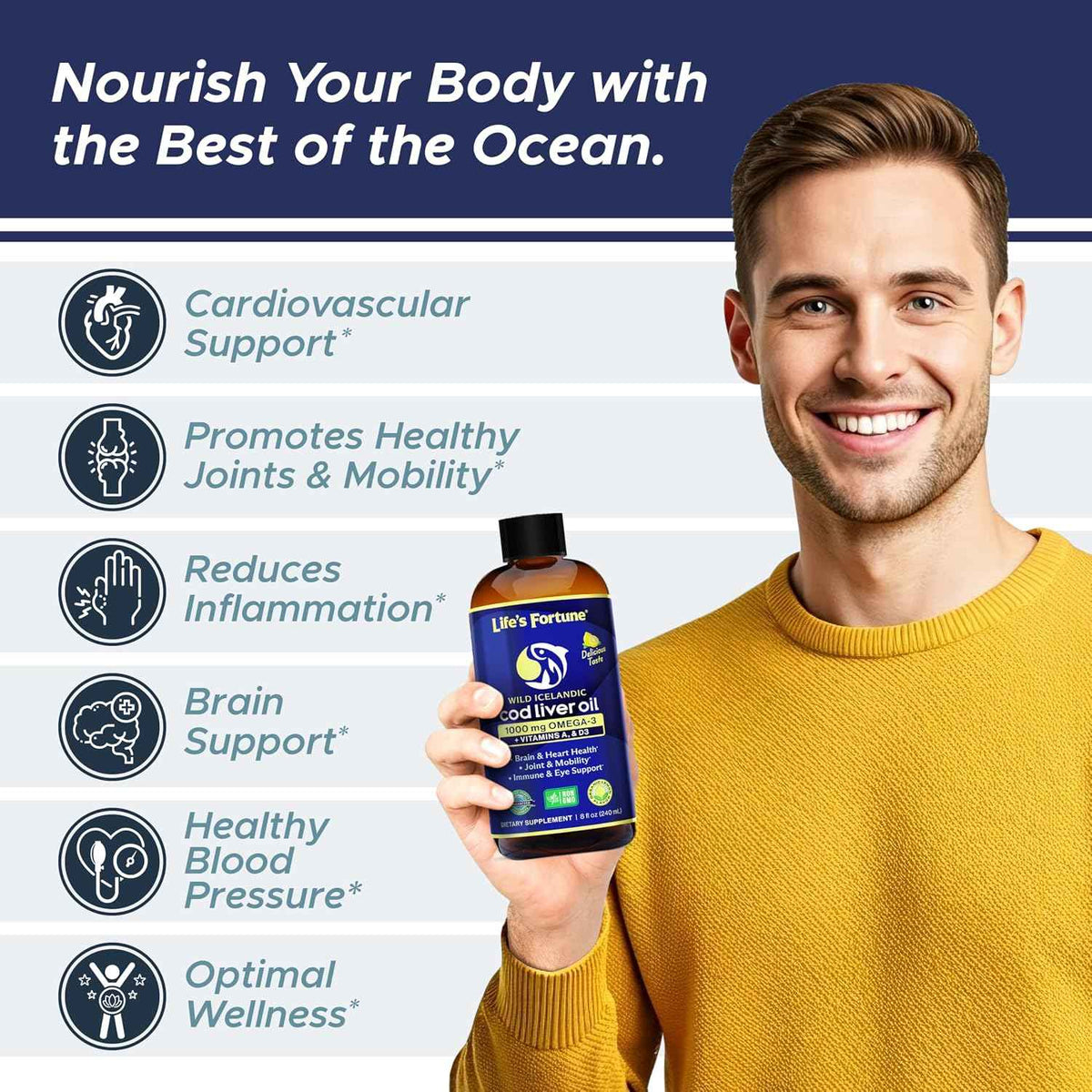Life's Fortune Cod Liver Oil Liquid Lemon Flavor Organic Supplement with DHA, EPA 1000 mg High Potency Omega-3s + Vitamin A, E & D3 - Supports Immune, Joints, Eyes, 16 Fl Oz (Pack of 1)
