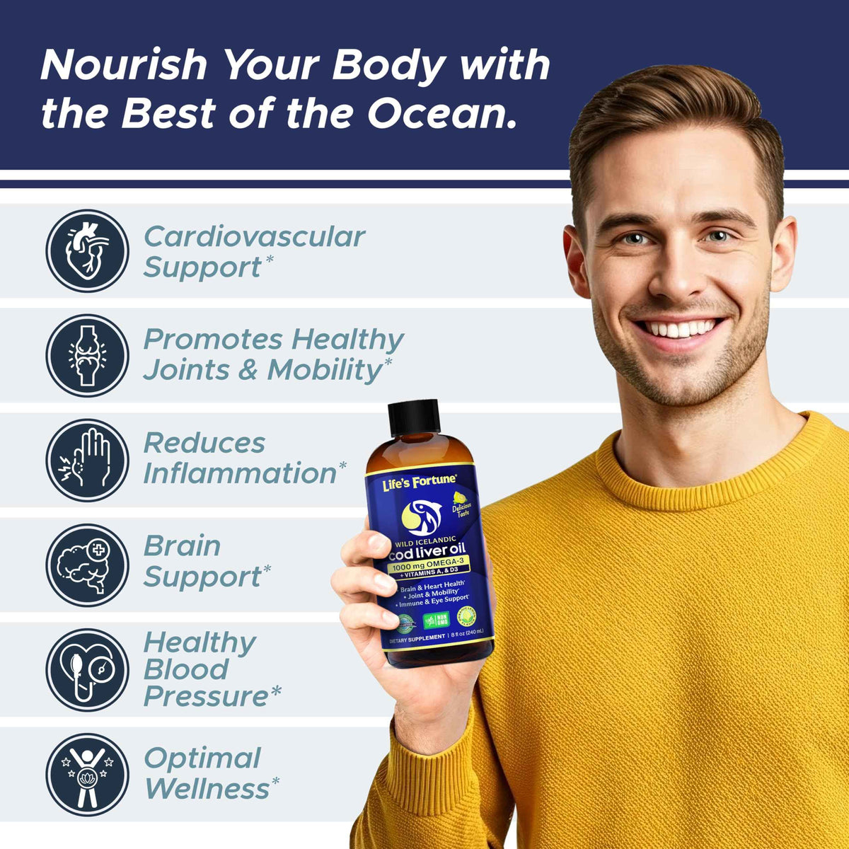 Life's Fortune Cod Liver Oil Liquid Lemon Flavor Organic Supplement with DHA, EPA 1000 mg High Potency Omega-3s + Vitamin A, E & D3 - Supports Immune, Joints, Eyes, 16 Fl Oz (Pack of 1)