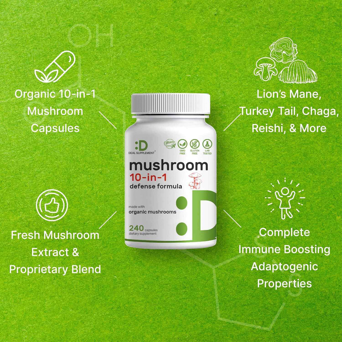 Organic 10-in-1 Mushroom Supplement, 240 Capsules – Lions Mane, Turkey Tail, Reishi, Cordyceps & More Mushroom Complex – Immune, Energy & Nootropic Brain Support – Non-GMO