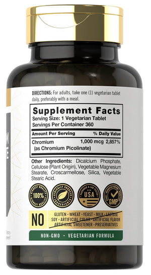 Carlyle Ultra Chromium Picolinate 1000mcg | 360 Tablets | Vegetarian, Non-GMO, Gluten Free - PrimeBioHealth - canada supplements