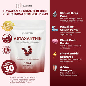 ClarityMD Astaxanthin 12mg Antioxidants Supplement – Natural Microalgae Source – Lipid-Based Softgel for Enhanced Absorption – Cognitive - PrimeBioHealth - canada supplements