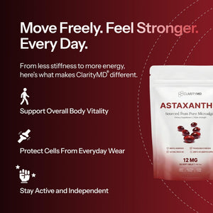 ClarityMD Astaxanthin 12mg Antioxidants Supplement – Natural Microalgae Source – Lipid-Based Softgel for Enhanced Absorption – Cognitive - PrimeBioHealth - canada supplements