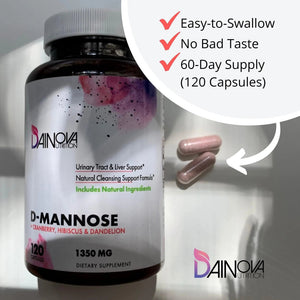 Dainova D Mannose 1350mg with Cranberry I D-Mannose Capsules for UTI Prevention, Urinary Tract Support, Urinary Tract Health for Women, & Cleanse. W/Hibiscus & Dandelion, 120 Veggie Capsules - PrimeBioHealth - canada supplements