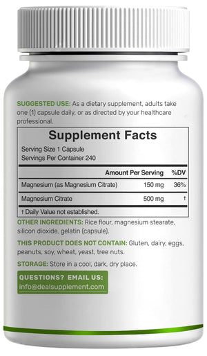 DEAL SUPPLEMENT Magnesium Citrate 500mg, 240 Capsules | Easily Absorbed, Purified Trace Mineral – One a Day, Non-GMO - PrimeBioHealth - canada supplements