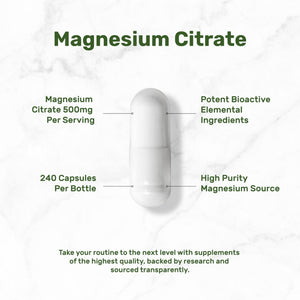 DEAL SUPPLEMENT Magnesium Citrate 500mg, 240 Capsules | Easily Absorbed, Purified Trace Mineral – One a Day, Non-GMO - PrimeBioHealth - canada supplements