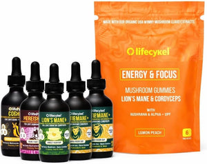 Life Cykel Premium Mushroom Extract Liquid Bundle – Lion’s Mane, Cordyceps, Reishi, Chaga, Turkey Tail & Shiitake (1oz Each) with Included Energy Gummies (10-Count), for Vitality & Mental Clarity - PrimeBioHealth - canada supplements