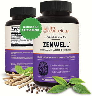 Live Conscious KSM-66 Ashwagandha Supplement w/L Theanine & AlphaWave - ZenWell Everyday Stress Relief, Cognitive, Brain Health - Ashwagandha for Men & Women - 60 Capsules - PrimeBioHealth - canada supplements