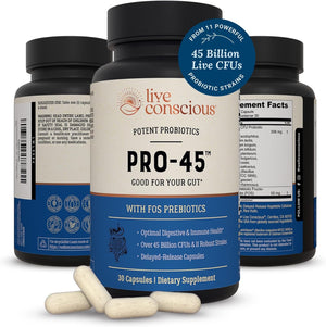 Live Conscious PRO45 Probiotics for Women & Men: Comprehensive Formula, 45 Billion CFU, 11 Strains, Dairy Free - w/Prebiotics and Probiotics - Promotes Immune & Gut Health - 30 Veggie Caps - PrimeBioHealth - canada supplements