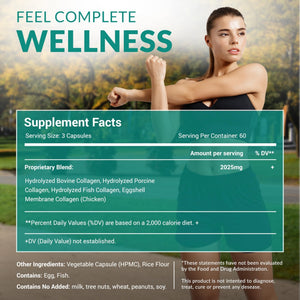 Multi Collagen 180 Protein Capsules - Type I, II, III, V, X Collagen Pills - Proprietary Blend of Eggshell, Chicken, Wild Fish & Grass-Fed - PrimeBioHealth - canada supplements
