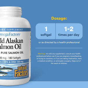 Natural Factors Wild Alaskan Salmon Oil Provides Omega-3, EPA, DHA & Vitamin D, Supports Brain & Heart Health, 180 Softgels - PrimeBioHealth - canada supplements