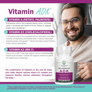 NatureGenX ADK Vitamin Supplement – Vitamins A, D3 & K2 MK-7 for Bone Health & Calcium Absorption – Gluten-Free, Non-GMO, Soy-Free - PrimeBioHealth - canada supplements