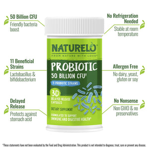 NATURELO Probiotics for Digestive Health, 50 Billion CFU, 30 Vegetarian Capsules, 11 Strains, Daily Use Supplement, Delayed Release, No-Fridge, Helps Boost Immune System, - PrimeBioHealth - canada supplements