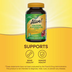 Nature’s Way Alive! Chewable Calcium Gummies with Vitamin D3, Daily Supplement Supports Healthy Bones and Teeth, and Muscle Function*, Strawberry and Raspberry - PrimeBioHealth - canada supplements