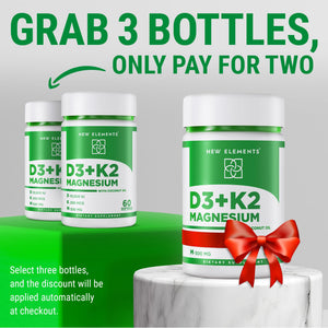 New Elements Vitamin D3 K2 10,000 IU with Magnesium Glycinate 500mg - Bone Health, Immune Support, Energy & Mood - Non-GMO, Gluten-Free - PrimeBioHealth - canada supplements