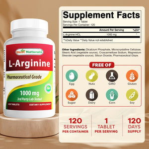 (New Improved Formula) Best Naturals L-Arginine 1000 mg 120 Tablets - Pharmaceutical Grade L Arginine Supplement - PrimeBioHealth - canada supplements