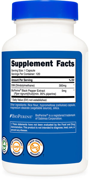Nutricost DIM (Diindolylmethane) Plus BioPerine 300mg, 120 Vegetarian Capsules - Up to 4 Month Supply, Max Strength DIM Supplement - PrimeBioHealth - canada supplements
