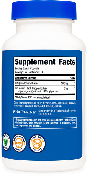 Nutricost DIM (Diindolylmethane) Plus BioPerine 300mg, 120 Vegetarian Capsules - Up to 4 Month Supply, Max Strength DIM Supplement - PrimeBioHealth - canada supplements