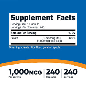 Nutricost Folic Acid (Vitamin B9) 1000 mcg, 240 Capsules - PrimeBioHealth - canada supplements