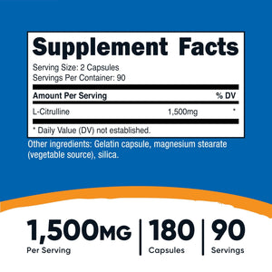 Nutricost L-Citrulline 1500mg, 180 Capsules - 750mg Per Capsule, Gluten Free, Non-GMO, Packaging May Vary - PrimeBioHealth - canada supplements