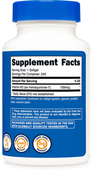 Nutricost Vitamin K2 MK-7 100 mcg, 240 Softgels, Gluten Free, GMO-Free | MK7 - PrimeBioHealth - canada supplements