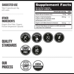 Organic 5-HTP - 200 mg | 99% 5HTP Concentration, Plus Cofactor Vitamin B6 & Lion’s Mane | Water Extracted from Organic Griffonia Seeds | Supports Mood, Cognition & Sleep (60 Capsules | 30 Servings) - PrimeBioHealth - canada supplements