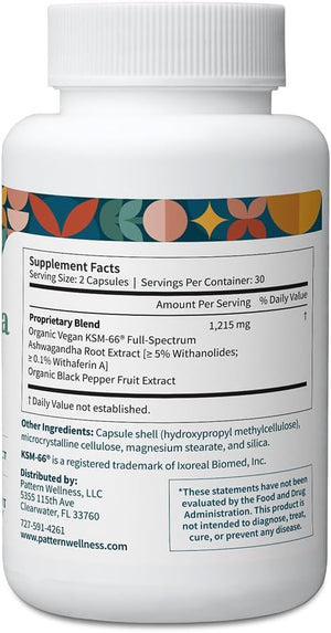 Pattern Wellness Ashwagandha Complex Supplement – 360 Vegan Capsules | For Men & Women – Organic KSM-66® & Black Pepper Extract – Supports Stress Response & Energy Balance – Non-GMO - PrimeBioHealth - canada supplements