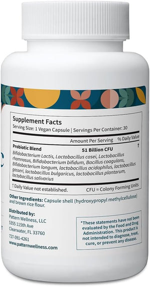 Pattern Wellness Probiotic Supplement – 30 Vegan Capsules | 51 Billion CFU – Supports Digestive Balance & Gut Wellness – Mindfully Sourced, Non-GMO - PrimeBioHealth - canada supplements