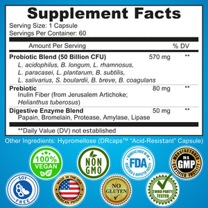 Probiotics with Digestive Enzymes and Prebiotic for Women and Men - 3-In-1 Vegan Probiotic Prebiotic Multi Enzyme Complex for Gut Health - PrimeBioHealth - canada supplements