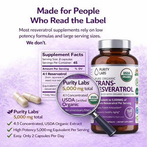 Purity Labs Trans-Resveratrol Supplement 5,000 mg Equivalent per Serving with Quercetin, USDA Organic High Potency Antioxidant, - PrimeBioHealth - canada supplements