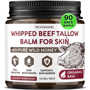 RICHGRAND Beef Tallow for Skin - Whipped Tallow and Honey Balm - Grass Fed Beef Tallow for Face, Daily Moisturizer & Body Butter - PrimeBioHealth - canada supplements