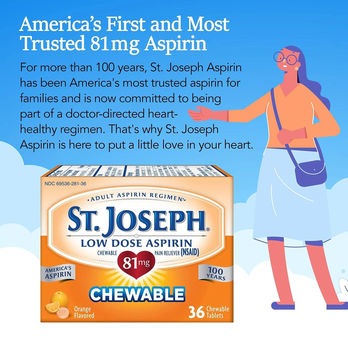 St. Joseph Aspirin Pain Reliever (NSAID) 81mg, Chewable Orange Tablets Adult Low Dose Regimen , 108 ct (3 x 36 ct Tablets per Bottle) - PrimeBioHealth - canada supplements