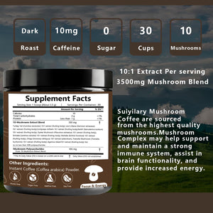 Suiyilary 10 Mushroom Coffee with Arabica w, Lion's Mane, Reishi, Mushroom Polysaccharides & More, Instant Mushrooms Powder for Focus, Immunity Boost, - PrimeBioHealth - canada supplements