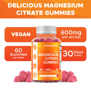 Vitamatic Magnesium Gummies 600mg per Serving – 60 Vegan Gummies – Relaxation, Muscle, Bone & Energy Support – 3 Pack - PrimeBioHealth - canada supplements