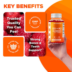 Vitamatic Vitamin D3 & K2 Gummies (2-Pack, 60 Count) Supports Healthy Bones, Heart Health, Calcium Absorption, - PrimeBioHealth - canada supplements