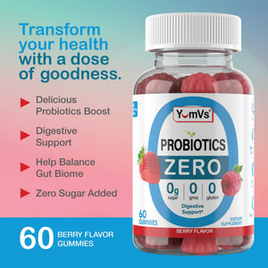 YUM-V'S Sugar Free Probiotic Gummies - Probiotics for Men & Women to Help Support Digestive Function – Adults & Kids Probiotic with 5 Billion CFU Bacillus Coagulans – Vegan & Gluten-Free (60 Count) - PrimeBioHealth - canada supplements