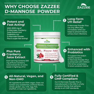 Zazzee D-Mannose Powder Plus, 2000 mg, 67 Servings, Plus 5 Billion CFU Probiotics and Pure Cranberry Juice Extract, Certified Kosher, Free Scoop, 6.67 oz, Urinary Tract Support, Non-GMO, All-Natural - PrimeBioHealth - canada supplements