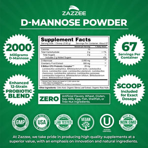 Zazzee D-Mannose Powder Plus, 2000 mg, 67 Servings, Plus 5 Billion CFU Probiotics and Pure Cranberry Juice Extract, Certified Kosher, Free Scoop, 6.67 oz, Urinary Tract Support, Non-GMO, All-Natural - PrimeBioHealth - canada supplements