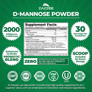 Zazzee D-Mannose Powder Plus, 2000 mg, 67 Servings, Plus 5 Billion CFU Probiotics and Pure Cranberry Juice Extract, Certified Kosher, Free Scoop, 6.67 oz, Urinary Tract Support, Non-GMO, All-Natural - PrimeBioHealth - canada supplements