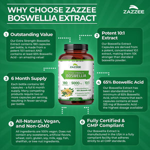 Zazzee Extra Strength Boswellia 10:1 Extract, 65% Boswellic Acid, 180 Vegan Capsules, 6 Month Supply, Boswellia Serrata, Joint Comfort, Mobility & Flexibility Support, Non-GMO, Made in the USA - PrimeBioHealth - canada supplements