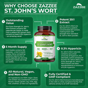 Zazzee Extra Strength St. John’s Wort 20:1 Extract, 0.3% Hypericin, 150 Vegan Capsules, 5 Month Supply, Hypericum Perforatum, Mood & Emotional Wellness Support, Herbal Supplement, Non-GMO, Made in USA - PrimeBioHealth - canada supplements