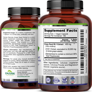 Zazzee High Strength Grape Seed 50:1 Extract, 180 Vegan Capsules, 95% Polyphenols, 400 mg per Capsule, 6 Month Supply, Antioxidant, Circulation & Blood Flow Support, Non-GMO, Made in the USA - PrimeBioHealth - canada supplements