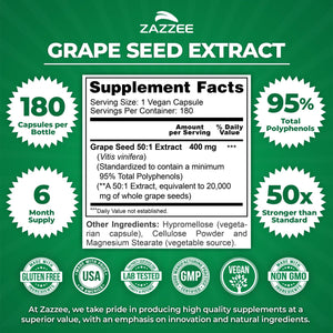 Zazzee High Strength Grape Seed 50:1 Extract, 180 Vegan Capsules, 95% Polyphenols, 400 mg per Capsule, 6 Month Supply, Antioxidant, Circulation & Blood Flow Support, Non-GMO, Made in the USA - PrimeBioHealth - canada supplements