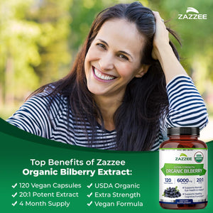 Zazzee USDA Organic Bilberry 20:1 Extract, 120 Vegan Capsules, 4 Month Supply, Vaccinium Myrtillus, Eye Health, Vision & Antioxidant Support, All-Natural, Non-GMO, Made in the USA - PrimeBioHealth - canada supplements