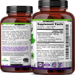 Zazzee USDA Organic Odorless Garlic 20:1 Extract, 1% Allicin, 100 Vegan Capsules, 3+ Month Supply, Allium Sativum, Immune, Circulation & Heart Health Support, All-Natural, Non-GMO, Made in the USA - PrimeBioHealth - canada supplements